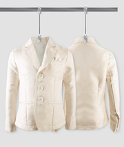 Boy wearing a tailored boys gold jacquard blazer for formal events aged 8-12