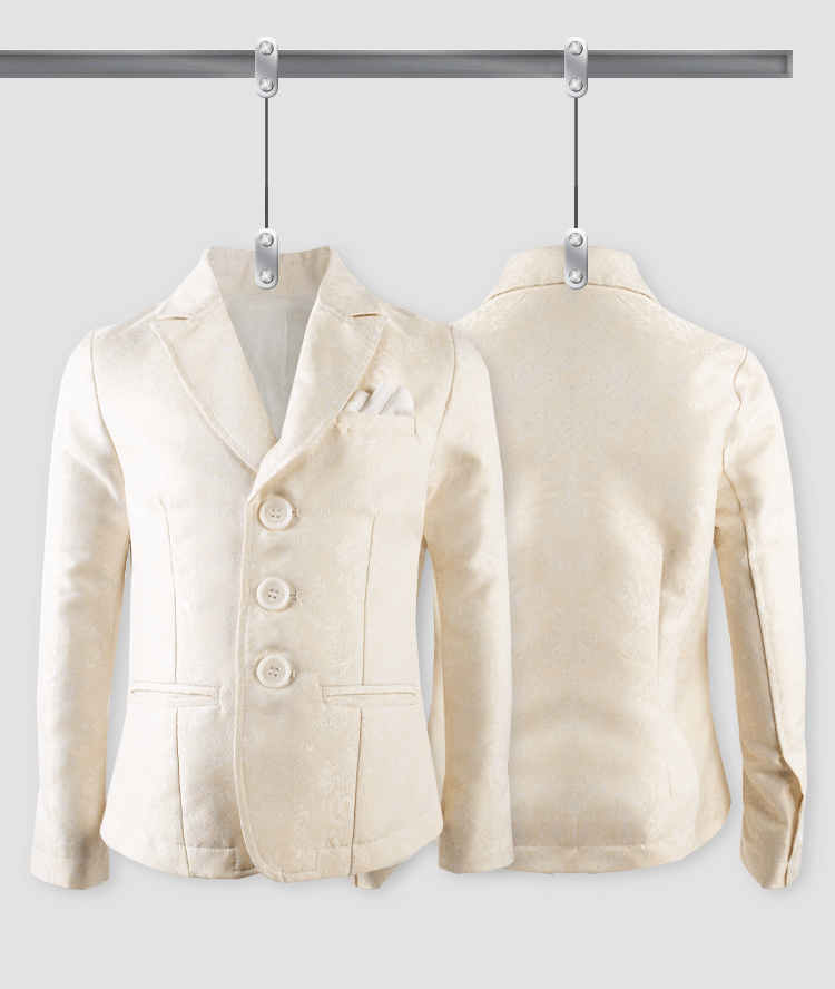 Boy wearing a tailored boys gold jacquard blazer for formal events aged 8-12