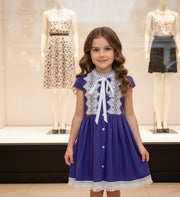 Girls Royal Blue Lace Occasion Dress – Vintage A-Line Cotton Dress for Weddings, Parties & Holiday Events (Ages 3–5)