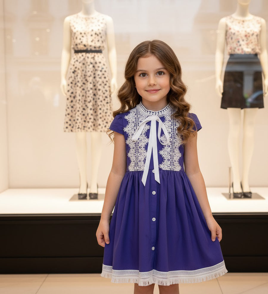 Girls Royal Blue Lace Occasion Dress – Vintage A-Line Cotton Dress for Weddings, Parties & Holiday Events (Ages 3–5)