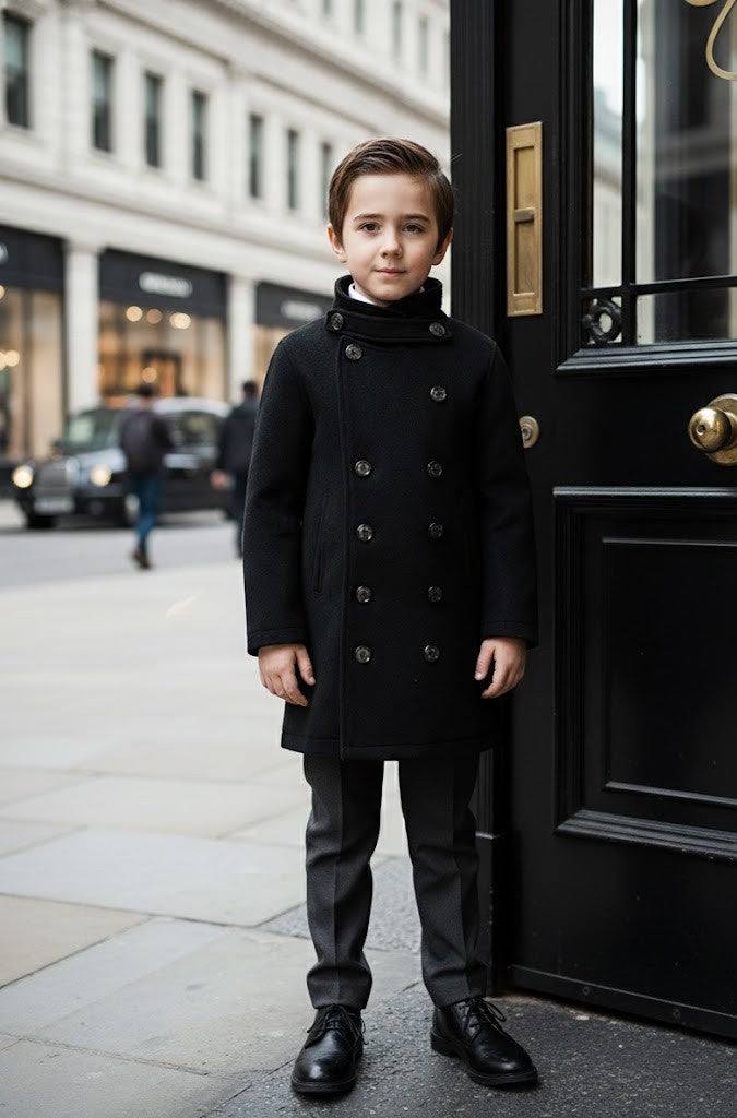 Stylish boys black cashmere coat for ages 3-12, wool blend, tailored fit, lightweight spring/fall outerwear
