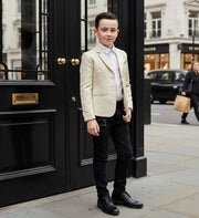 Boy wearing gold jacquard blazer for formal occasions, tailored slim-fit jacket for boys aged 8-12