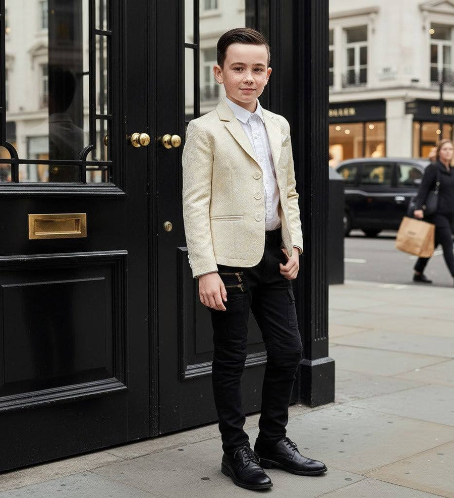Boy wearing gold jacquard blazer for formal occasions, tailored slim-fit jacket for boys aged 8-12