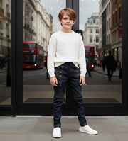 Boys wearing stretch denim casual jeans in navy blue and black cotton trousers for ages 4 to 12 years