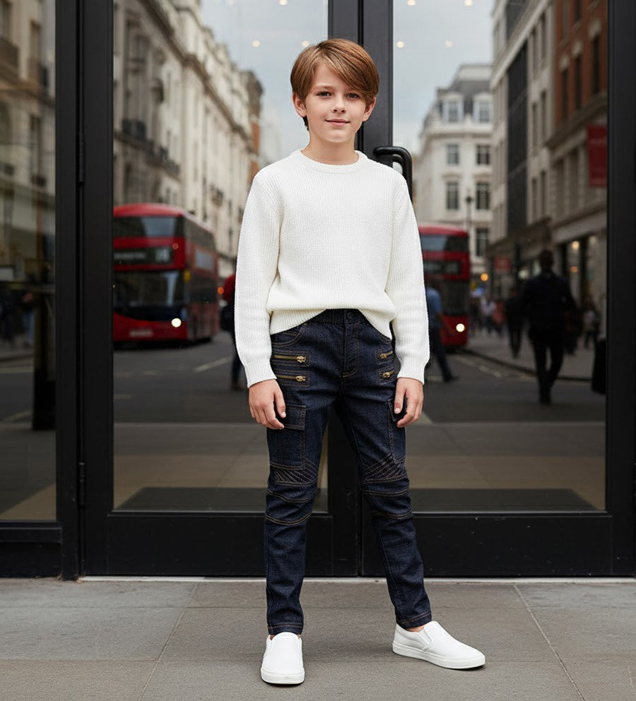 Boys wearing stretch denim casual jeans in navy blue and black cotton trousers for ages 4 to 12 years