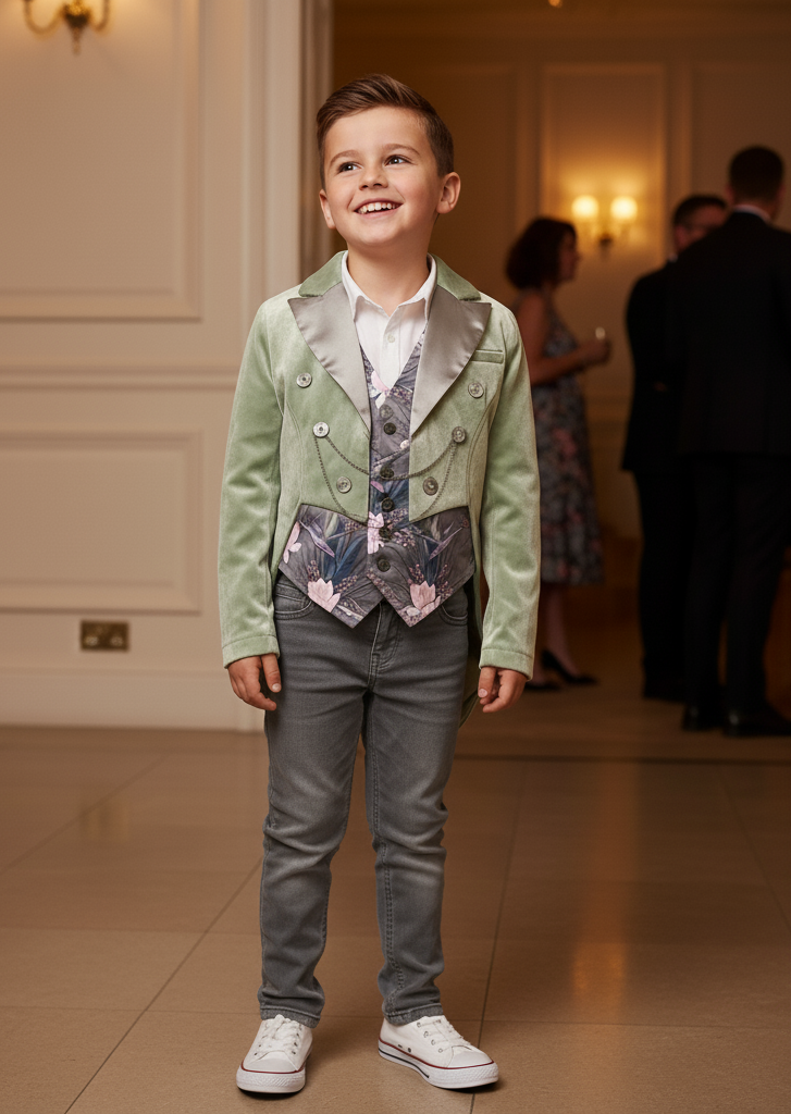 Boy's Formal Velvet Tuxedo Blazer Light Green Slim Fitchristmas party wear 4-12YBoys Light Green Velvet Tuxedo Blazer – Slim Fit Dinner Jacket for Weddings, Parties & Holiday Events (Ages 4–12)