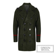 Boy wearing a double-breasted boys military style wool jacket with decorative buttons and smart tailoring