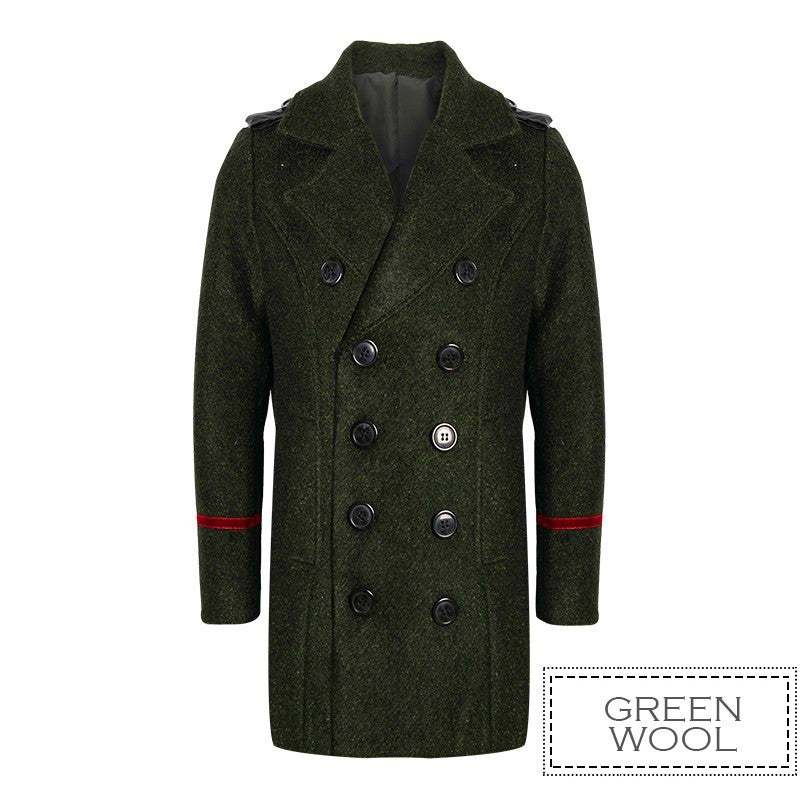 Boy wearing a double-breasted boys military style wool jacket with decorative buttons and smart tailoring