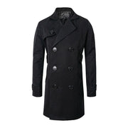 Kids Double Breasted Trench Coat in black cotton, with a notched lapel, double rows of buttons and long sleeves.