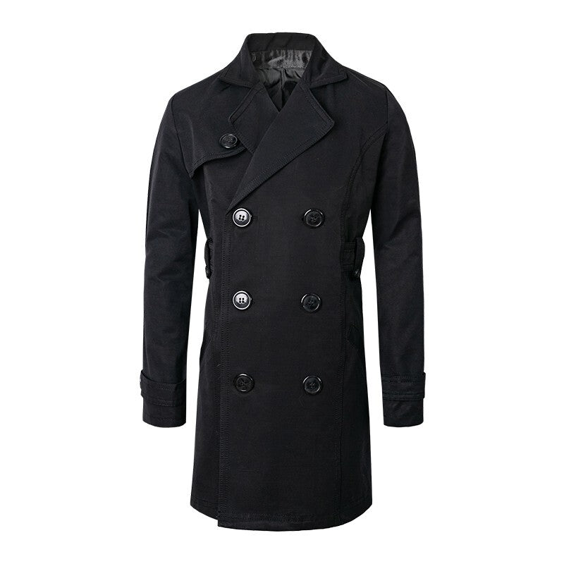 Kids Double Breasted Trench Coat in black cotton, with a notched lapel, double rows of buttons and long sleeves.