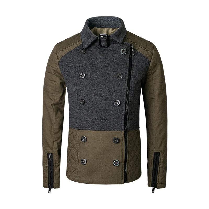 Girls short trench coat in deep green and dark gray with color block design for autumn winter ages 4-12
