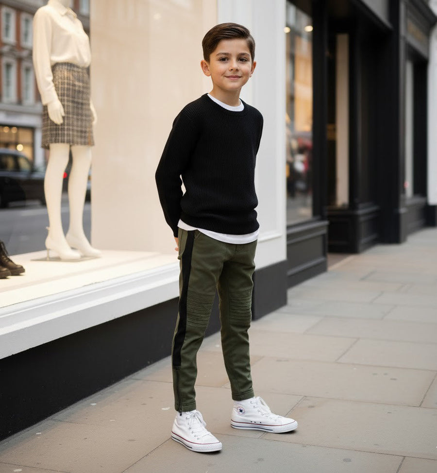 Gray boys slim fit knit pants for ages 4-12 with stretch fabric and adjustable waistband