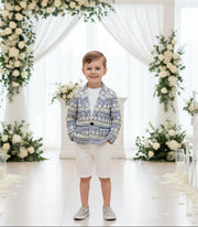 Boys blue floral cotton blazer with artistic print, size 110 for 4-5 years, tailored smart casual wedding jacket