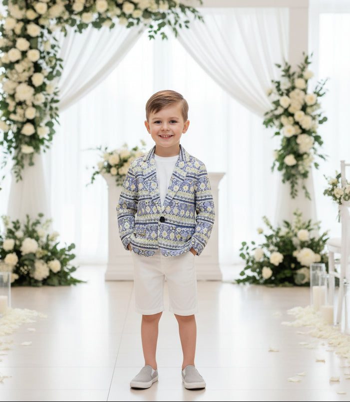 Boys blue floral cotton blazer with artistic print, size 110 for 4-5 years, tailored smart casual wedding jacket