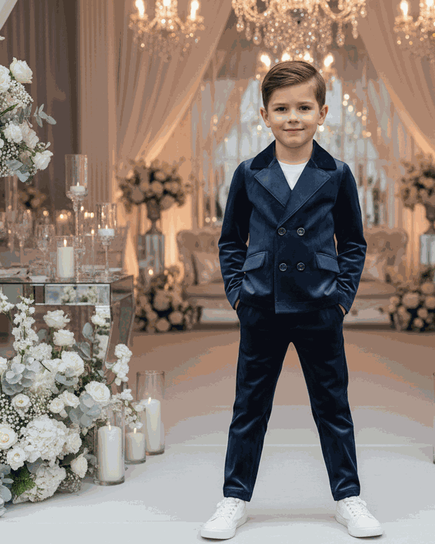 boy wearing a navy velvet suit set with blazer and trousers for weddings and formal occasions