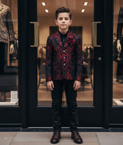 Luxury Boys Brocade Blazer – Black & Wine Red Floral Page Boy Jacket for Wedding & Formal Occasions (Ages 4–12)