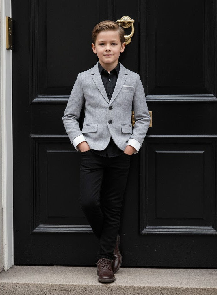 Boys Grey Casual Blazer with Double Cuffs (3–10 Years) | Smart Casual & Party Jacket
