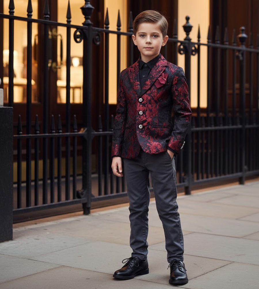 Luxury Boys Brocade Blazer – Black & Wine Red Floral Page Boy Jacket for Wedding & Formal Occasions (Ages 4–12)