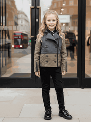 Girls short trench coat in deep green and dark gray with color block design for autumn winter kids 4-12 years