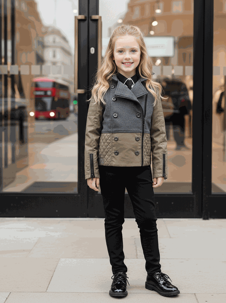 Girls short trench coat in deep green and dark gray with color block design for autumn winter kids 4-12 years