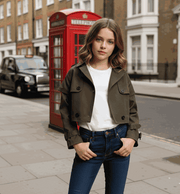 girl wearing stylish windproof cotton trench coat for ages 4-14 years