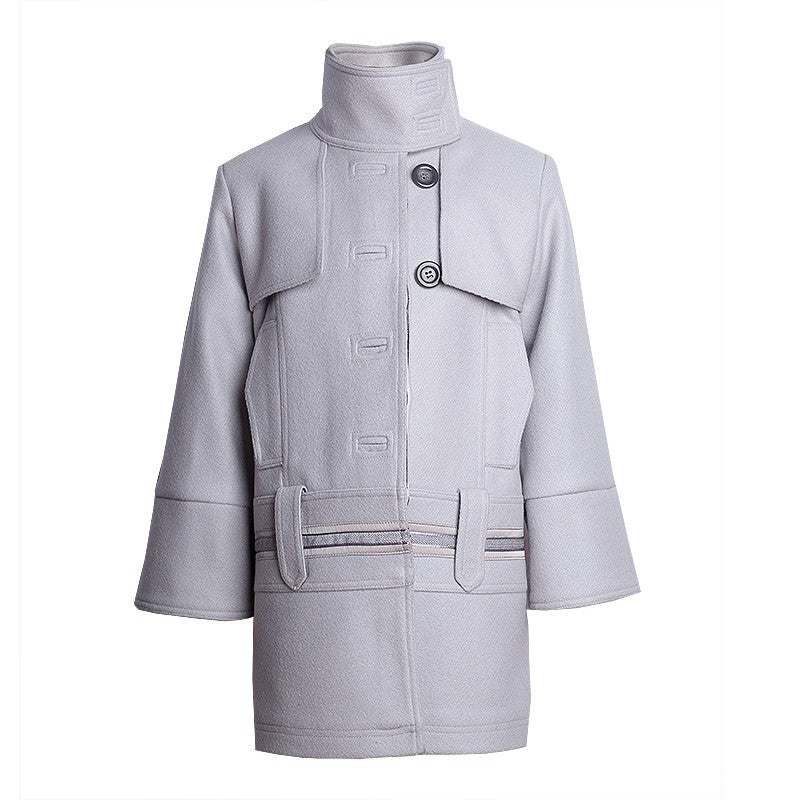 Girls high-neck autumn winter coat in blue cotton blend and light gray wool blend for ages 3-10 years