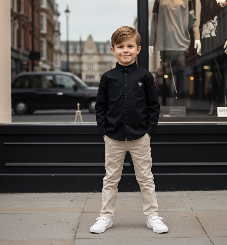 Boys Black Cotton Long Sleeve Shirt – Lightweight & Stylish Top for Ages 3-7 YeaBoys Black Cotton Shirt – Lightweight Long Sleeve Page Boy Shirt for Wedding & Formal Occasions (Ages 3–7)