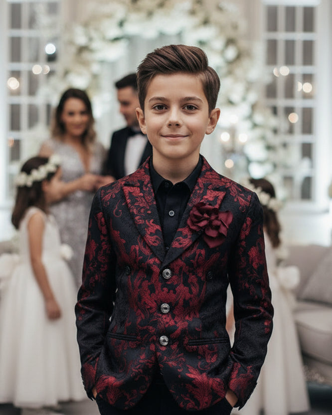 Luxury Boys Brocade Blazer – Black & Wine Red Floral Page Boy Jacket for Wedding & Formal Occasions (Ages 4–12)