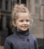 Girl wearing a high-neck autumn winter coat in blue cotton blend, stylish and warm for ages 3-10