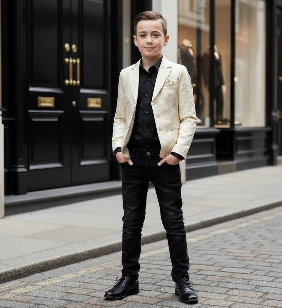 Boy wearing a tailored gold jacquard blazer for formal occasions aged 8-12