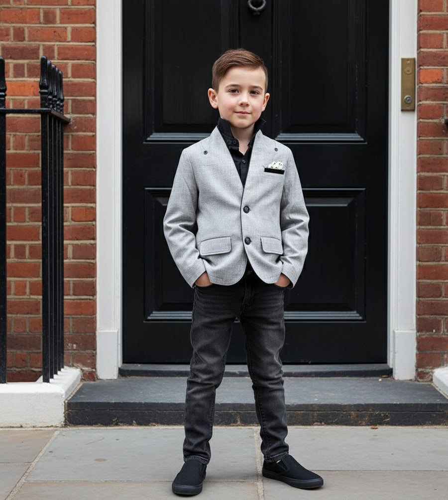 Grey V-Neck Blazer for Boys – A Refined Jacket for Ceremonies & Everyday Elegance (Ages 3–9)