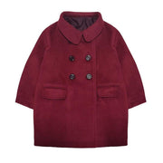 Toddler girl wearing wine red cashmere long coat baby doll style ages 2 to 5