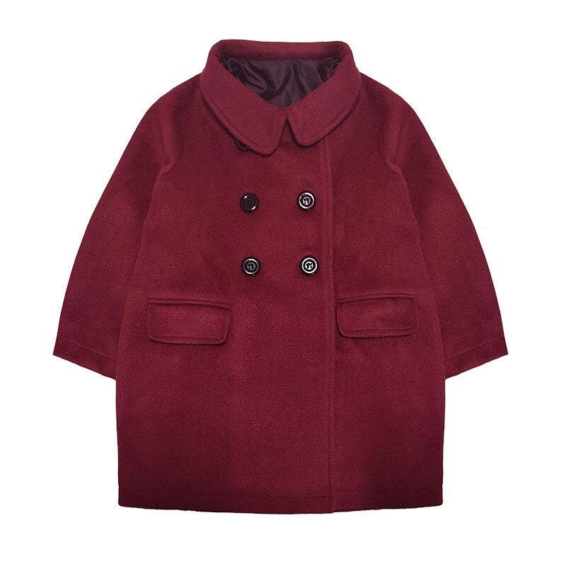 Toddler girl wearing wine red cashmere long coat baby doll style ages 2 to 5