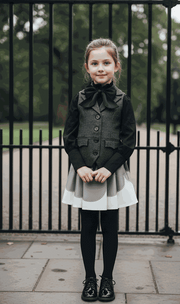 Girls vintage wool waistcoat with bow, tailored fit for ages 3-10, styled for weddings and holiday layering