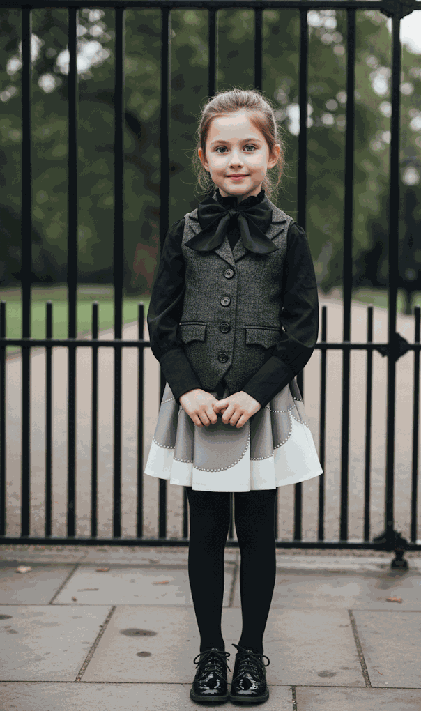 Girls vintage wool waistcoat with bow, tailored fit for ages 3-10, styled for weddings and holiday layering