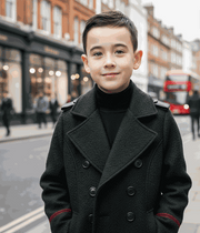 Boy wearing a boys military style wool jacket with double-breasted front and structured shoulders