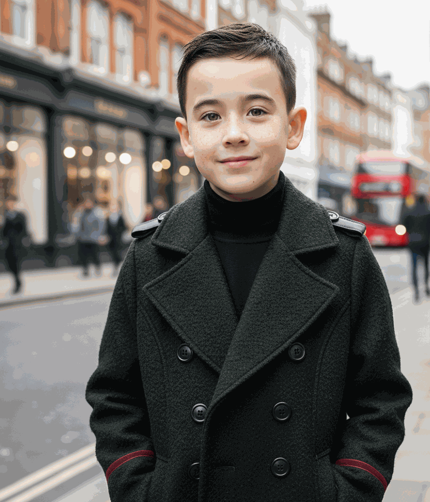 Boy wearing a boys military style wool jacket with double-breasted front and structured shoulders