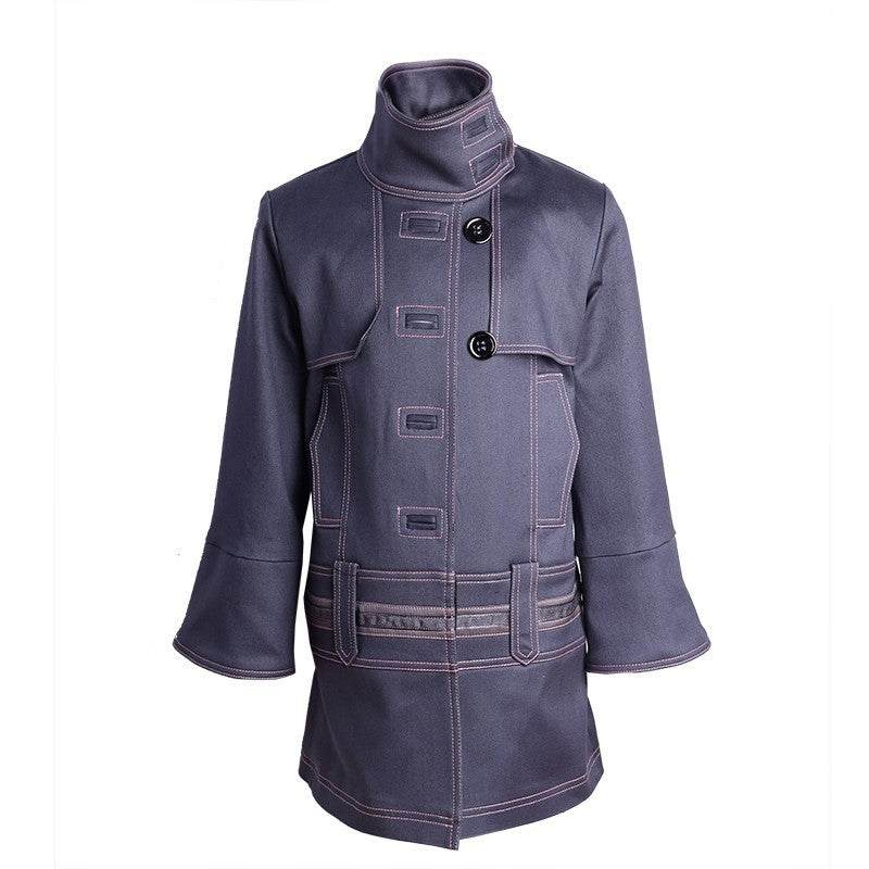 Girls high-neck coat for ages 3-10 in blue cotton blend and light gray wool blend with double-breasted design for autumn winter.