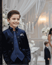 Boys navy velvet tuxedo blazer with satin lapel slim fit formal jacket for weddings and parties ages 3 to 7