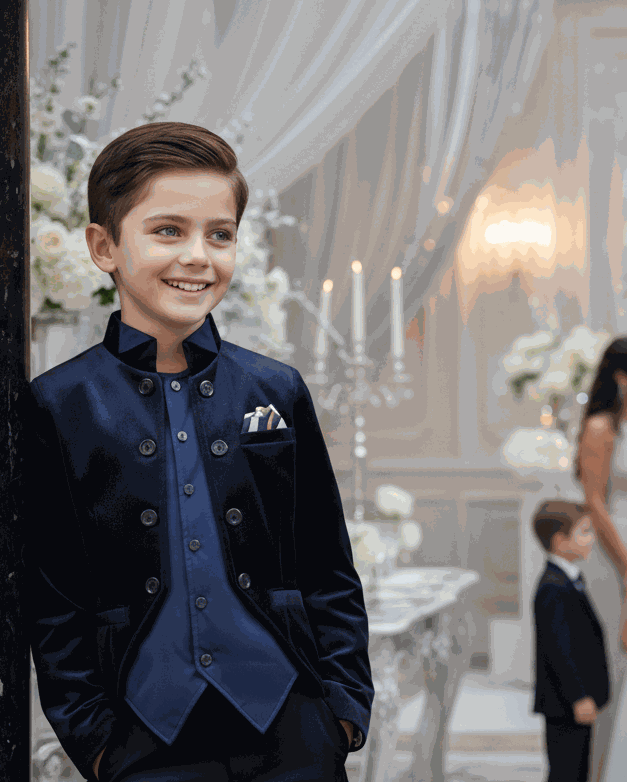 Boys navy velvet tuxedo blazer with satin lapel slim fit formal jacket for weddings and parties ages 3 to 7