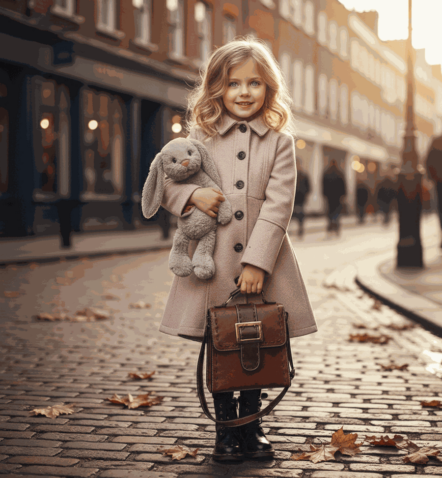 Girls wearing vintage wool winter coats for ages 3 to 9, thick warm long overcoats with button detailing and classic tailoring.