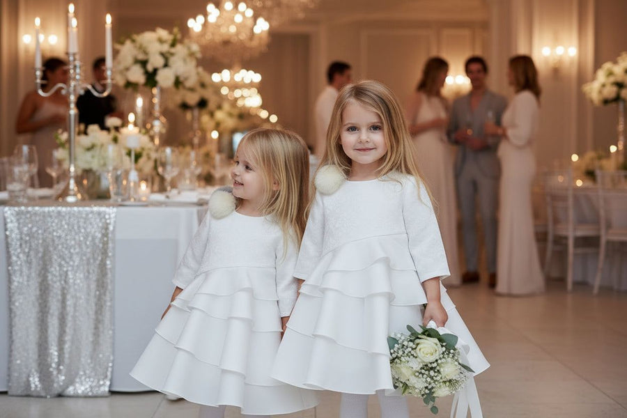 White vintage flower girl dress with jacquard satin bodice and layered tulle skirt for weddings and special occasions