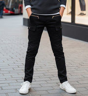 Boys wearing stretch denim casual jeans in navy blue and black cotton trousers aged 4-12 years