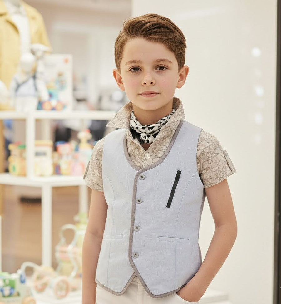 boys light blue cotton waistcoat for ages 3-7 with vintage casual and formal design