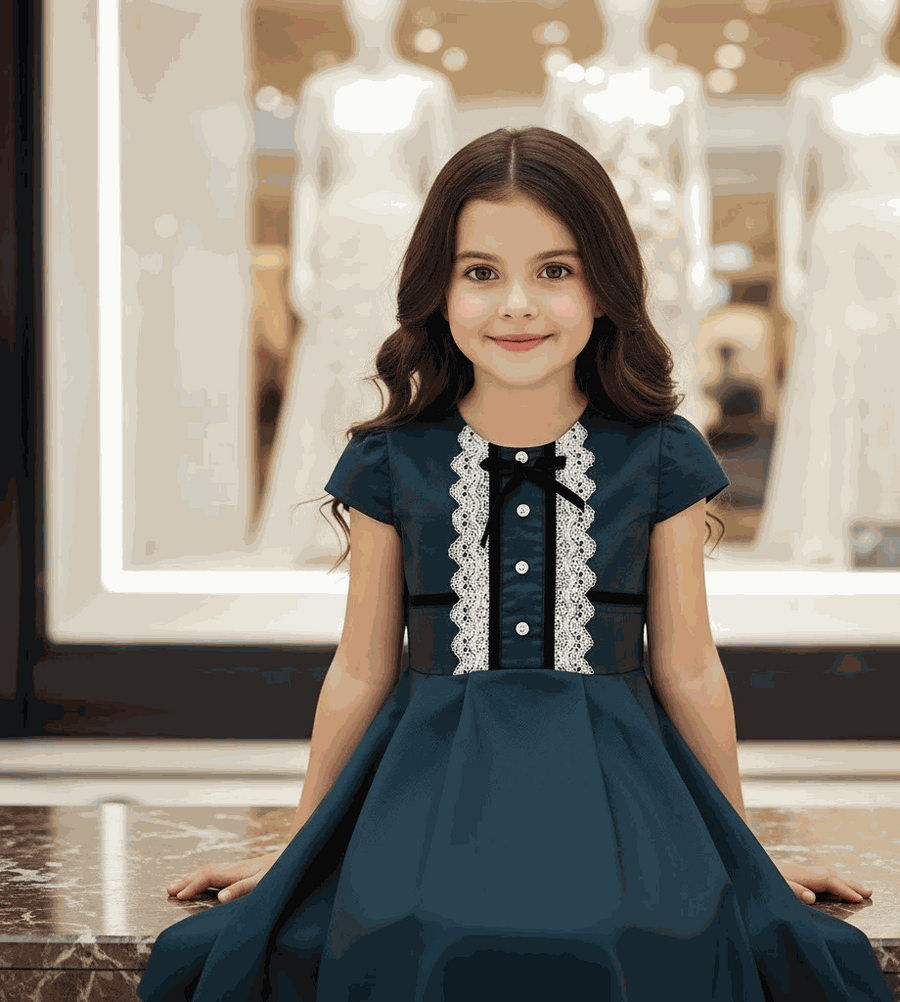 Girls wearing vintage dark green lace cotton A-line dress with white lace details for ages 3-7