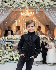 boys black cotton long sleeve shirt with vintage prince collar for boys ages 3-5