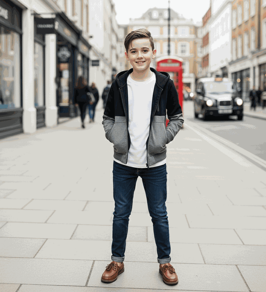 Black boys zip-up hoodie with splicing color-block design for ages 3-9 years