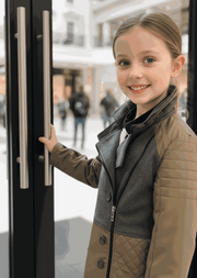 Girls short trench coat in deep green and dark gray color block design for autumn and winter, stylish and warm cotton jacket for kids aged 4-12 years