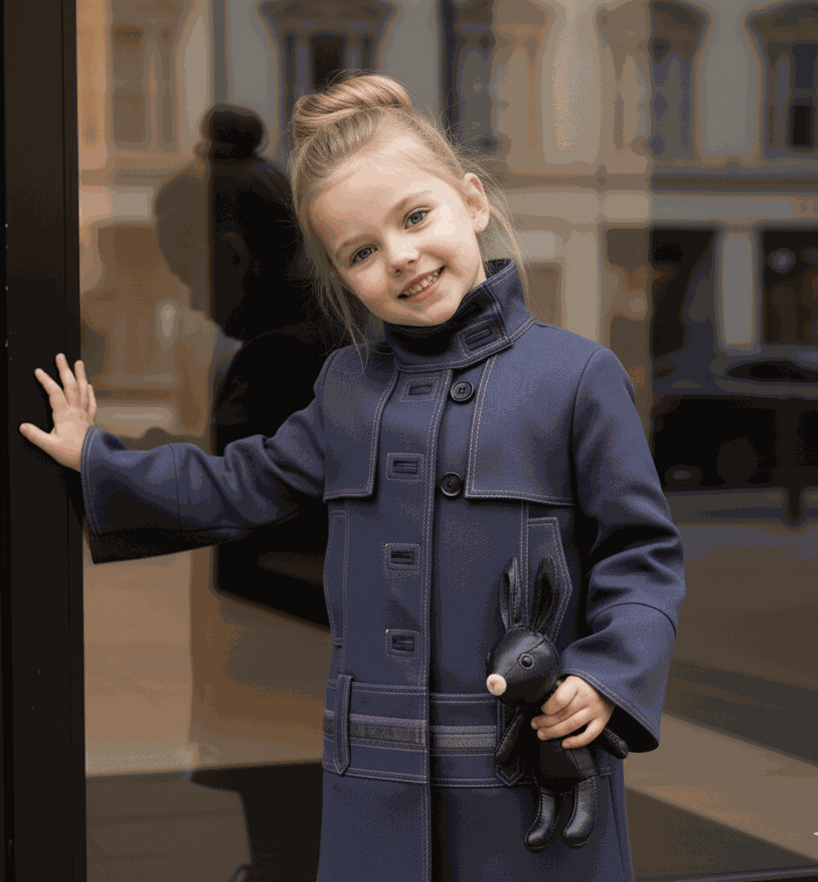 Girl wearing a stylish high-neck autumn winter coat for ages 3-10 with two fabric options