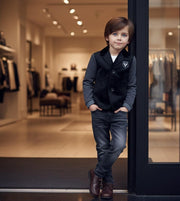 boy wearing white grey velvet blazer stylish casual jacket for kids 3-7 years autumn spring